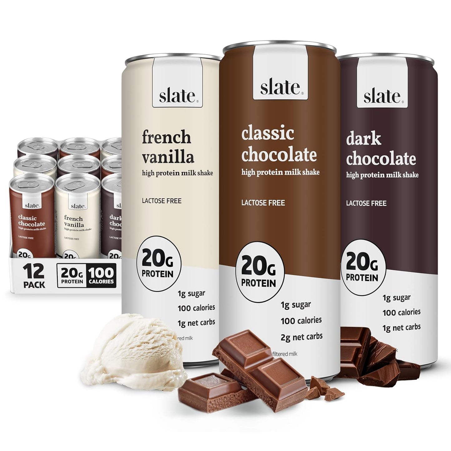 Slate Milk high protein milk shakes and iced coffees in chocolate, mocha, vanilla flavors, lactose-free, 20g protein, 11 fl oz cans