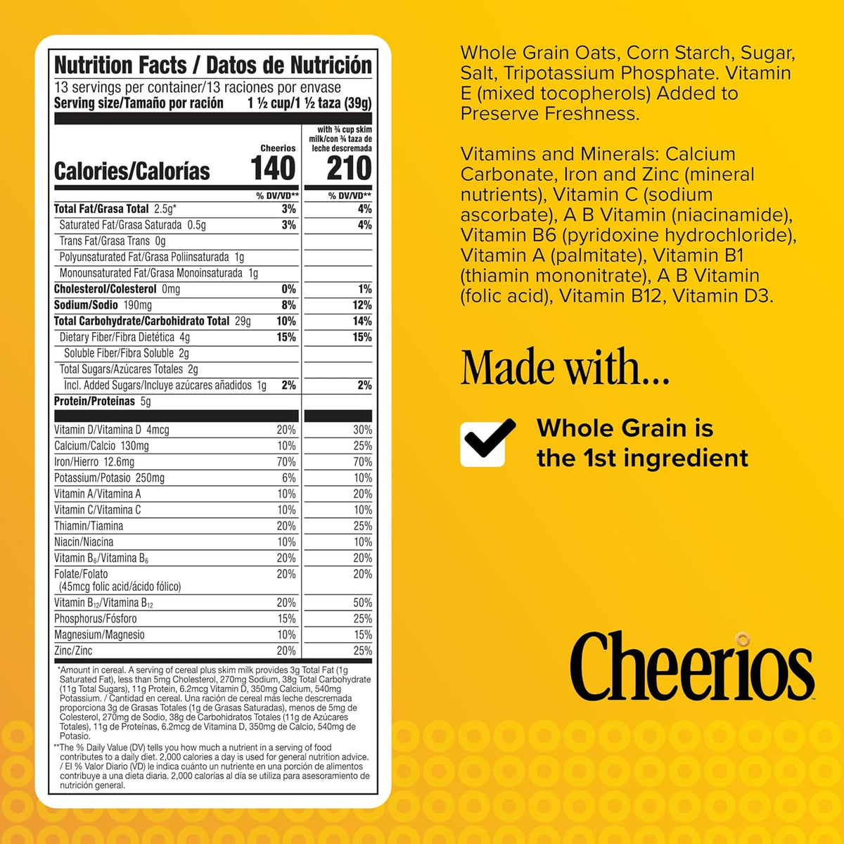 Cheerios gluten-free breakfast cereal in family size box, 18 oz, featuring heart-healthy oat rings on a bowl.