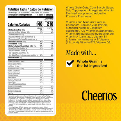 Cheerios gluten-free breakfast cereal in family size box, 18 oz, featuring heart-healthy oat rings on a bowl.