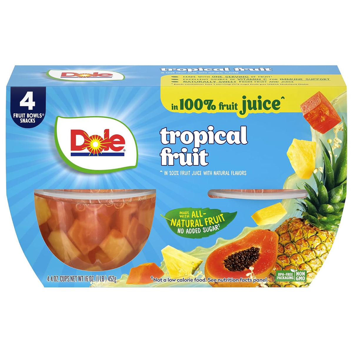 Canned Dole pineapple tidbits and tropical fruit in 4 oz bowls, 12-pack, showcasing vibrant pineapple chunks and mixed tropical fruits.