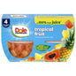 Canned Dole pineapple tidbits and tropical fruit in 4 oz bowls, 12-pack, showcasing vibrant pineapple chunks and mixed tropical fruits.