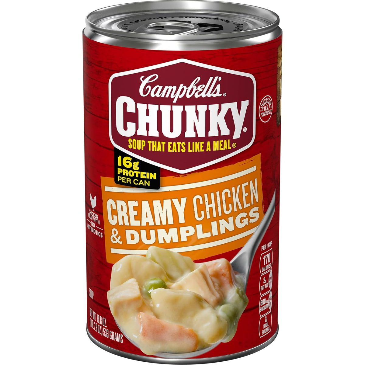 Campbell’s Chunky Creamy Chicken and Dumplings Soup can, 18.8 oz, showing the product label and can design.