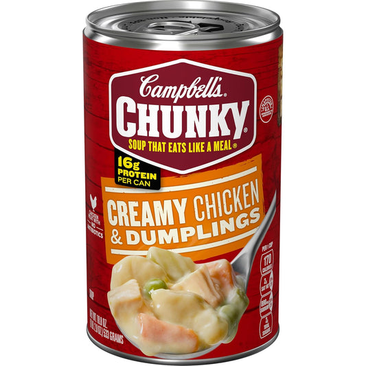 Campbell’s Chunky Creamy Chicken and Dumplings Soup can, 18.8 oz, showing the product label and can design.