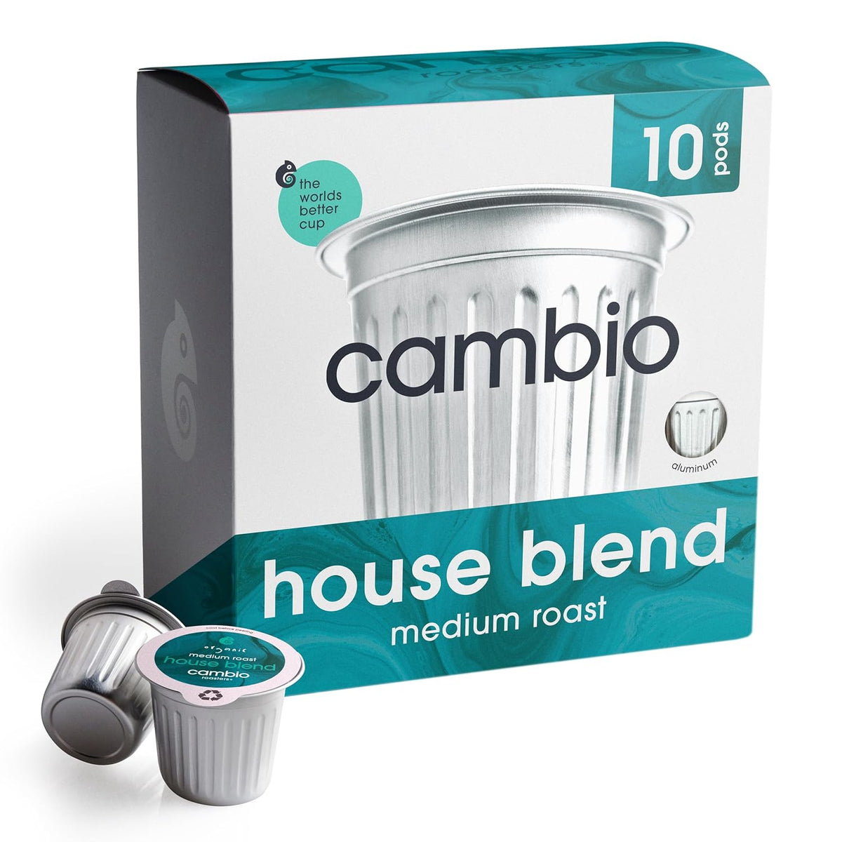 Cambio Roasters Colombian medium roast organic coffee pods, recyclable aluminum, Keurig compatible, 60-count, bold flavor and fresh.