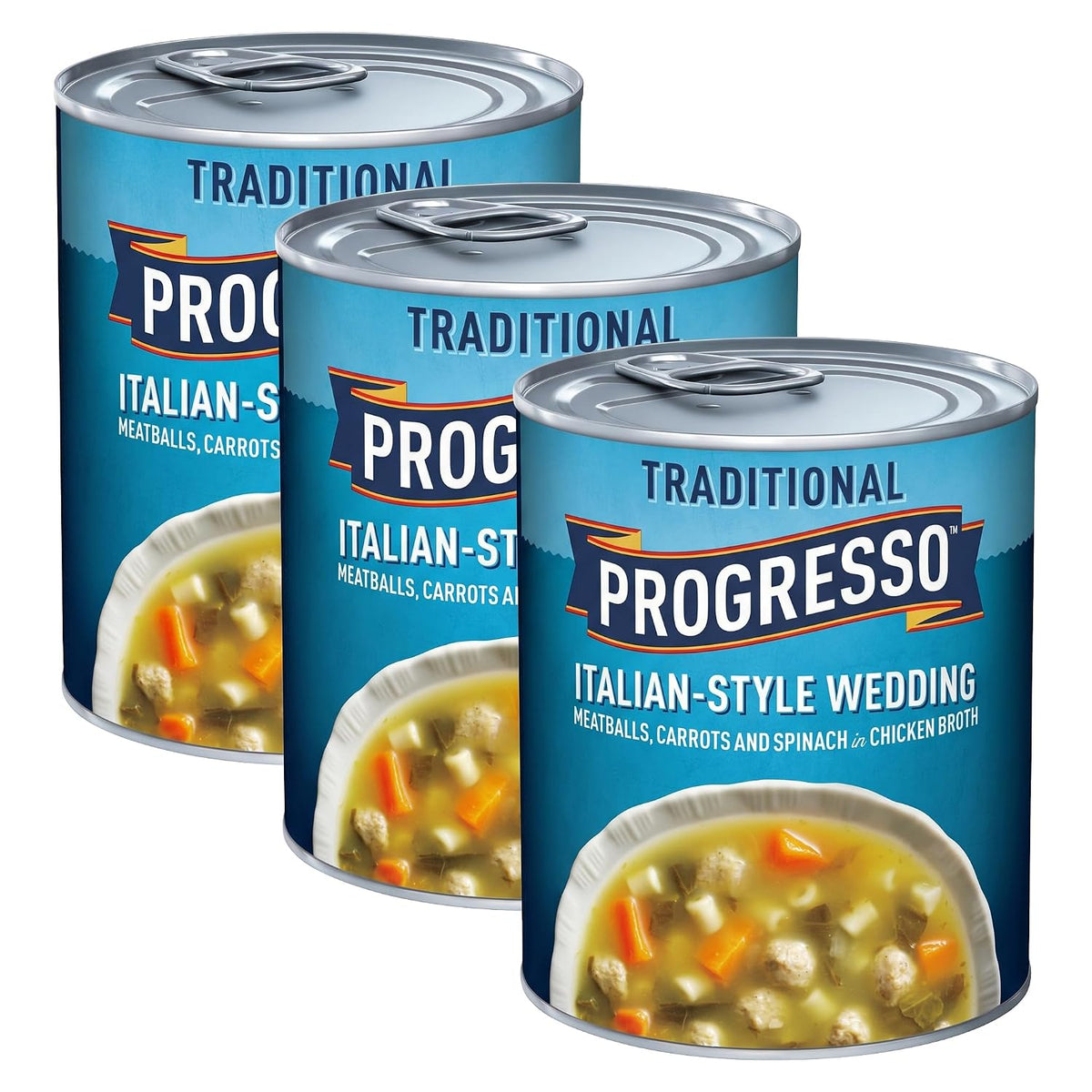 Canned Progresso Traditional Chicken Noodle Soup in 19 oz cans, showing the label and packaging in a 4-pack.