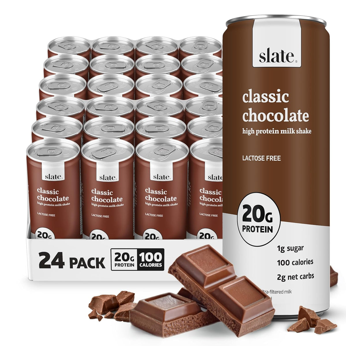 Slate Milk high protein milk shakes and iced coffees in chocolate, mocha, vanilla flavors, lactose free, 20g protein, 11 fl oz cans.