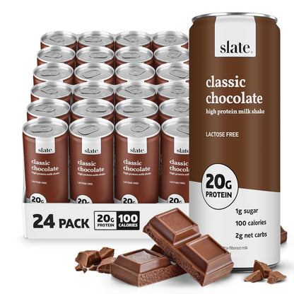 Slate Milk high protein milk shakes and iced coffees in chocolate, mocha, vanilla flavors, lactose free, 20g protein, 11 fl oz cans.