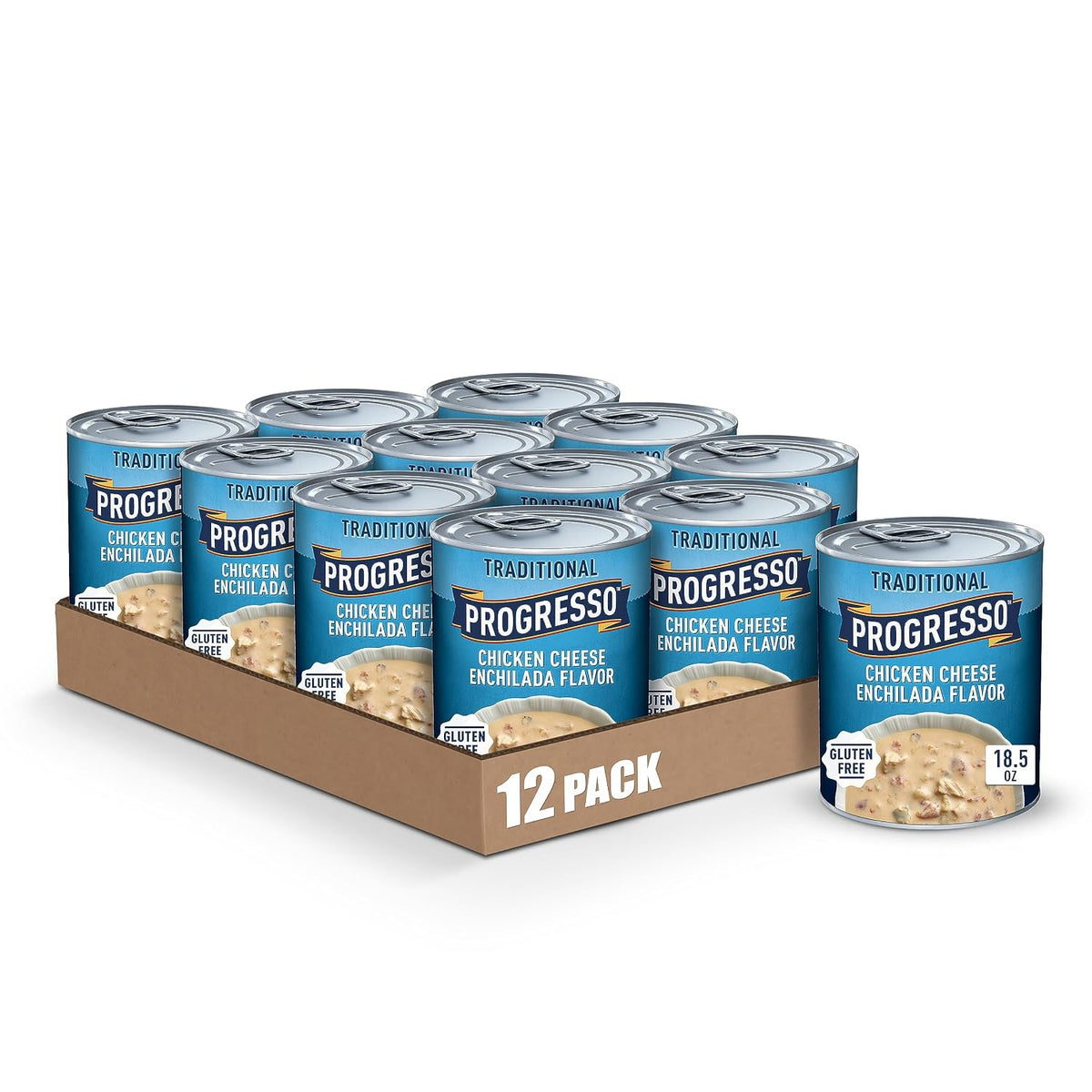 Canned Progresso Traditional Chicken Noodle Soup in a 19 oz can, shown in a four-pack, with a bowl of soup and noodles visible.