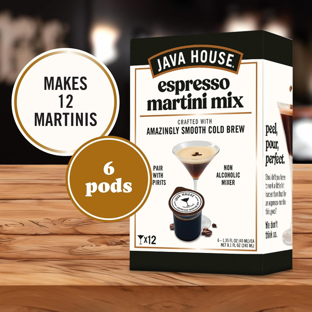 Java House Cold Brew Espresso Martini Mix peel and pour pods for making espresso martinis at home, shown in the image.