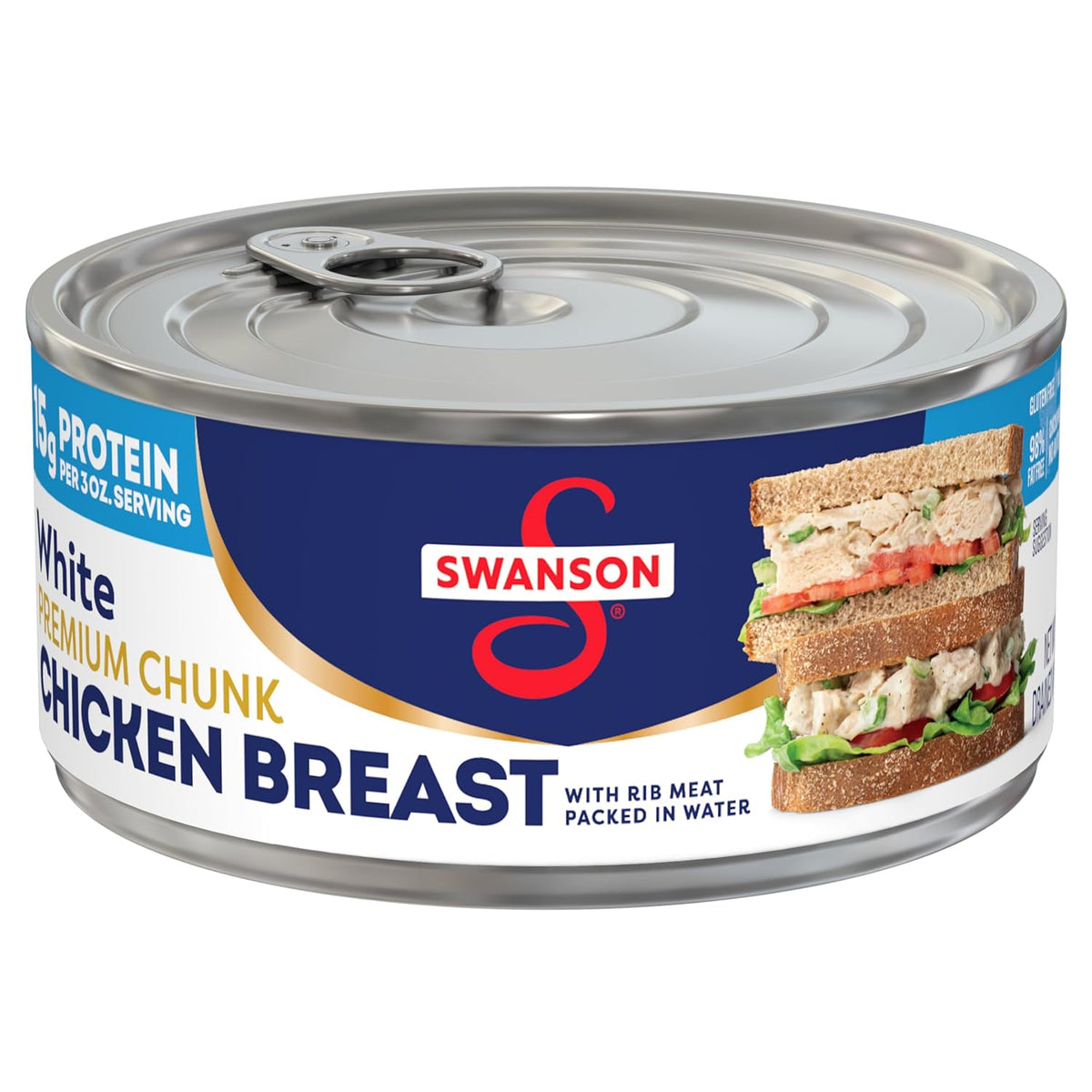 Canned Swanson White Premium Chunk Chicken in Water, 4 cans of 2.4 oz each, showing canned chicken in a sealed can with label.