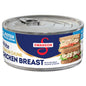 Canned Swanson White Premium Chunk Chicken in Water, 4 cans of 2.4 oz each, showing canned chicken in a sealed can with label.