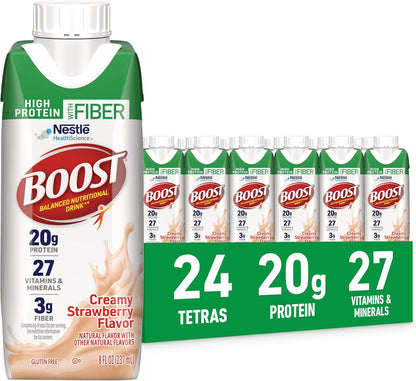 BOOST High Protein with Fiber Vanilla Nutritional Shake, 24-pack, in a bottle with creamy vanilla flavor and nutritional label.