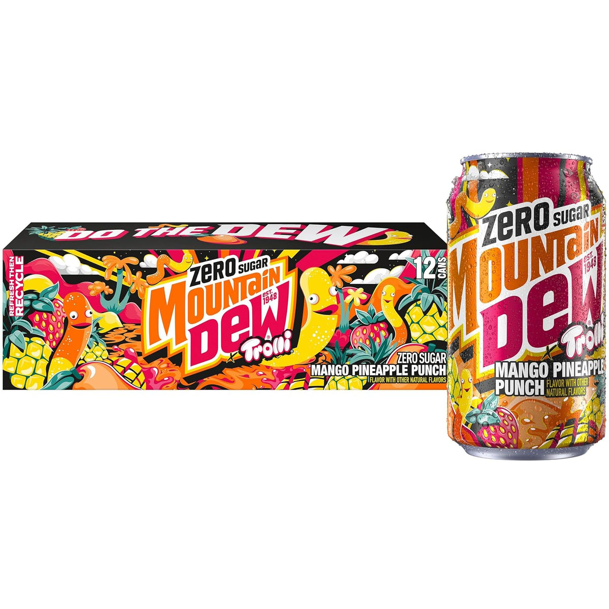 Six Mountain Dew Baja Cabo Citrus Zero Sugar soda cans, 12 fl oz each, featuring bright citrus design on aluminum cans.