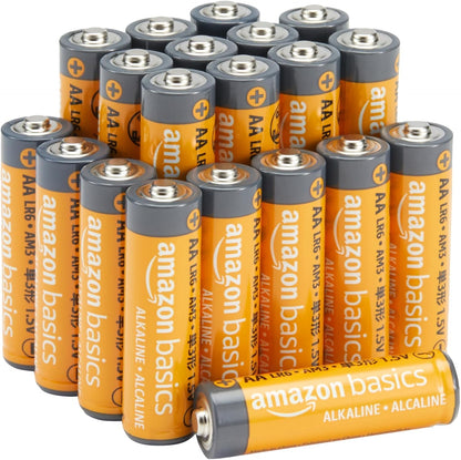 Amazon Basics 48-pack AA alkaline batteries showing batteries and packaging for long-lasting 1.5V power with no leakage