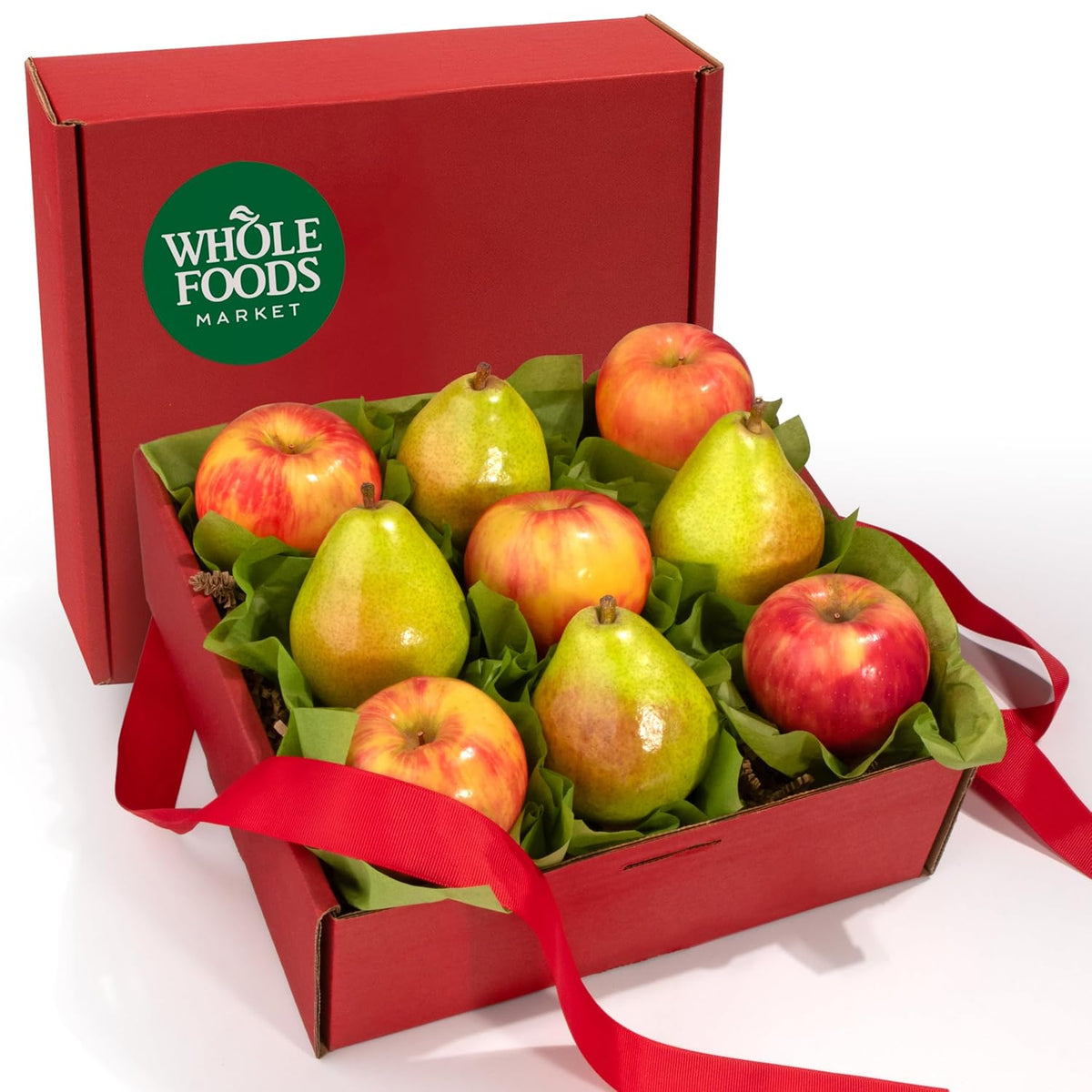 Organic fruit gift basket featuring fresh Honeycrisp apples and green D’Anjou pears, hand-packed and tied with ribbon.