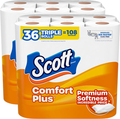 Scott ComfortPlus toilet paper, 12 triple rolls, 231 sheets per roll, 1-ply, septic-safe toilet tissue, soft and reliable.