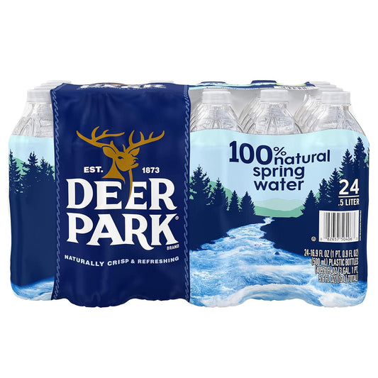 Deer Park Natural Spring Water bottles, 16.9 oz each, arranged in a pack of 24, showcasing clear water and label design.