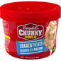 Campbell’s Chunky Baked Potato with Steak & Cheese Soup in an 18.8 oz packaged soup bowl with spoon and soup visible.