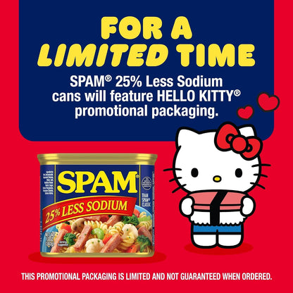 Canned SPAM with 25% less sodium, 12 oz, shelf-stable spiced meat, stacked cans showing brand and label details
