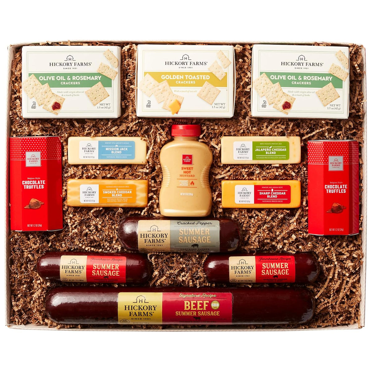 Hickory Farms small cheese gift basket with summer sausage, gourmet meats, and cheeses in a box set, perfect for holidays and special occasions.