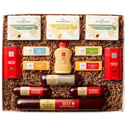 Hickory Farms small cheese gift basket with summer sausage, gourmet meats, and cheeses in a box set, perfect for holidays and special occasions.