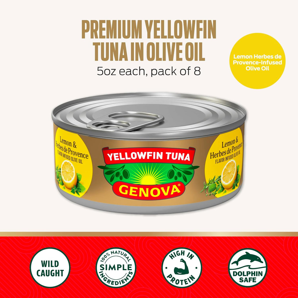 Genova Premium Yellowfin Tuna in lemon and herbes de Provence infused olive oil, 5 oz canned tuna, solid light pack of 12.