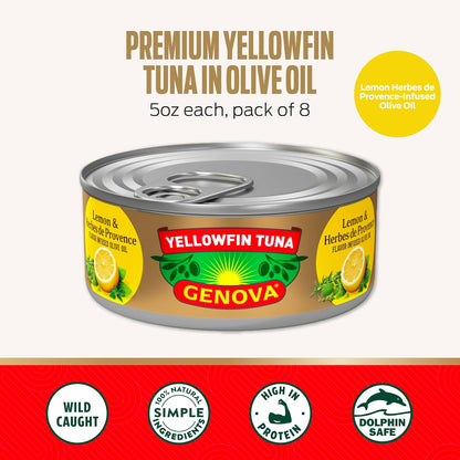 Genova Premium Yellowfin Tuna in lemon and herbes de Provence infused olive oil, 5 oz canned tuna, solid light pack of 12.