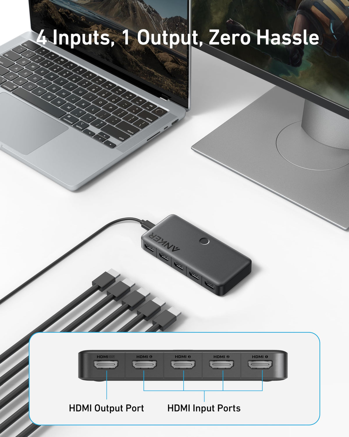 Anker 4-in-1 HDMI switch with 4K support showing multiple HDMI cables connected to the device for easy switching between sources.