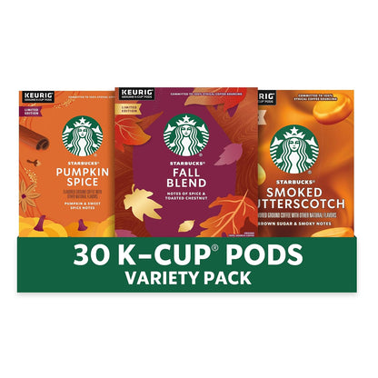 Starbucks K-Cup coffee pods fall bundle with medium roast and natural flavors, 3 boxes of 30 pods for Keurig brewers