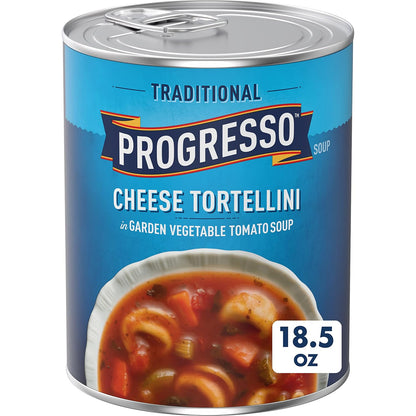 Cans of Progresso Traditional Chicken Noodle Soup, 19 oz, 4-pack, featuring colorful labeling and sealed metal cans.