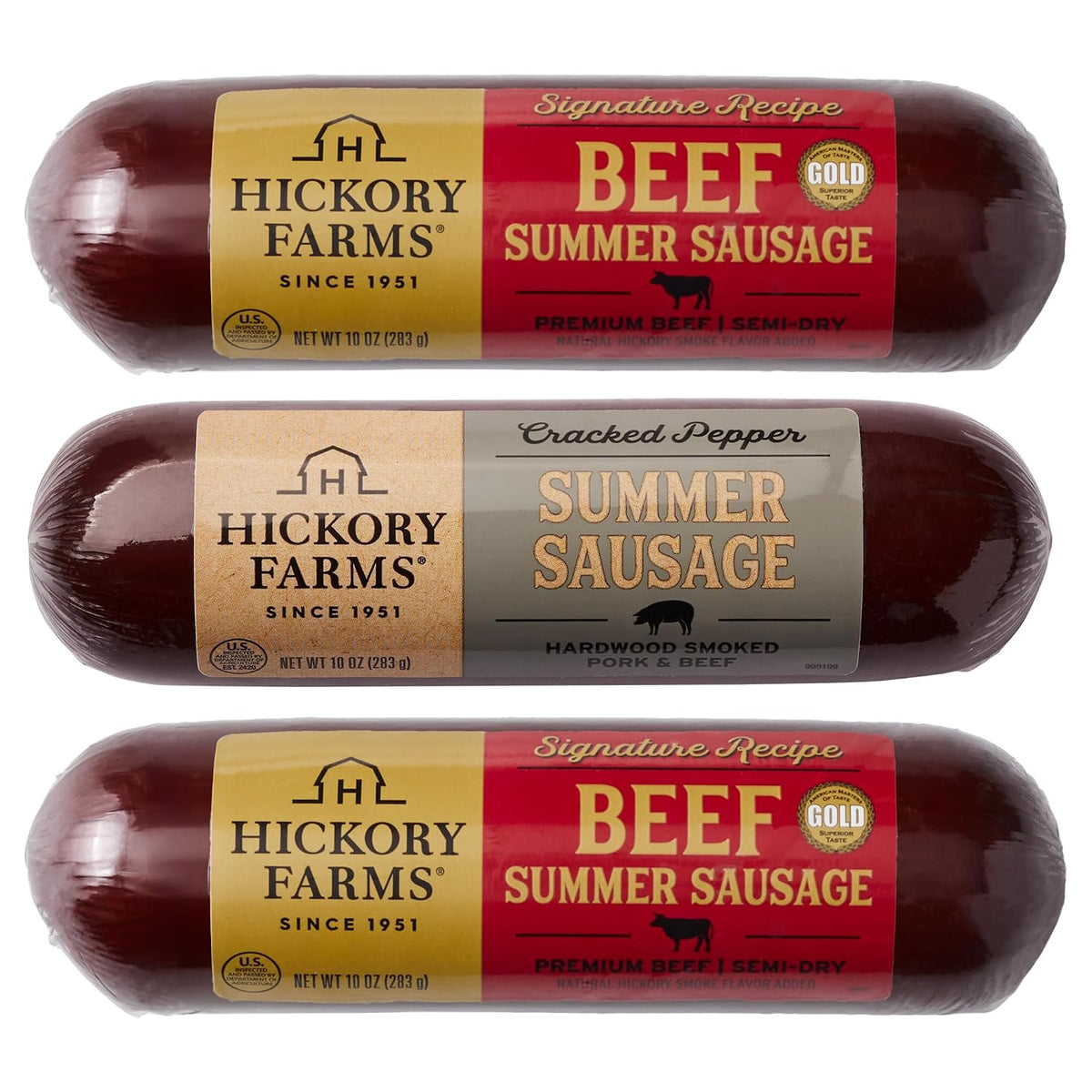 Hickory Farms Party-Size Signature Beef Summer Sausage sliced for snacking, showcasing its 100% beef, ready-to-eat, gluten-free, high-protein.