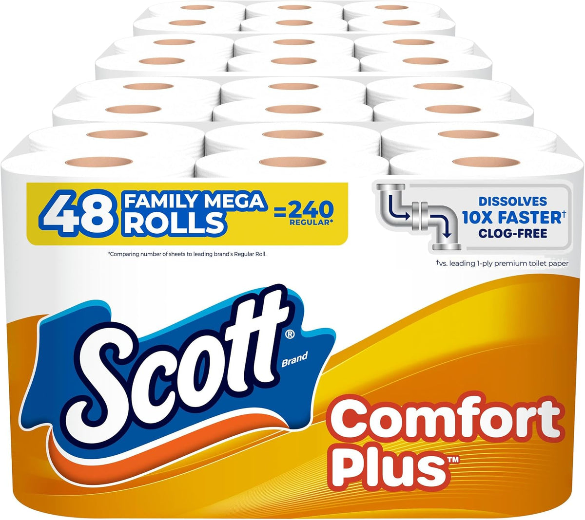 Scott ComfortPlus toilet paper, 12 triple rolls with 231 sheets per roll, septic-safe, 1-ply tissue for bathroom use