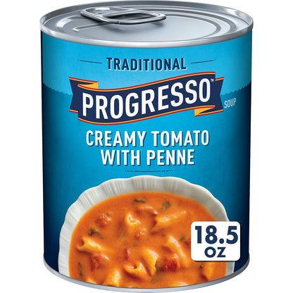 Cans of Progresso Traditional Chicken Noodle Soup, 19 oz each, in a 4-pack, with labels showing chicken, noodles, and vegetables.