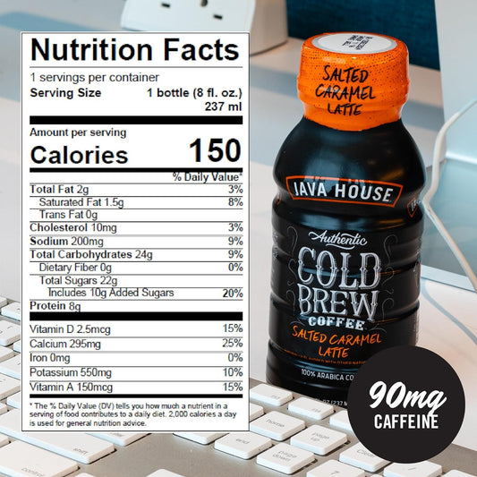 Java House Cold Brew 8oz bottles in salted caramel latte flavor, pack of 12, with creamy caramel and coffee in clear bottles.