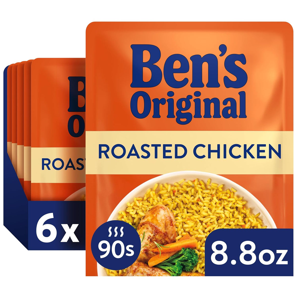 Ben's Original Ready Rice Four Cheese & Cheddar Broccoli microwave rice pack, 8.5oz, six-pack, with cheesy broccoli flavor on packaging
