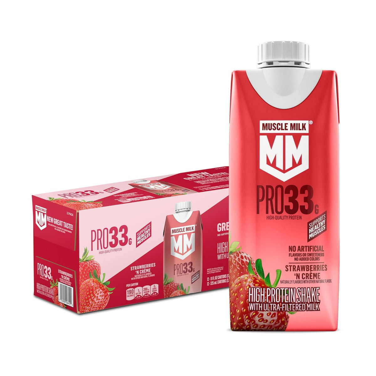Muscle Milk Pro liquid high protein chocolate shake in 11 fl oz bottle, ready-to-drink muscle recovery supplement, pack of 12