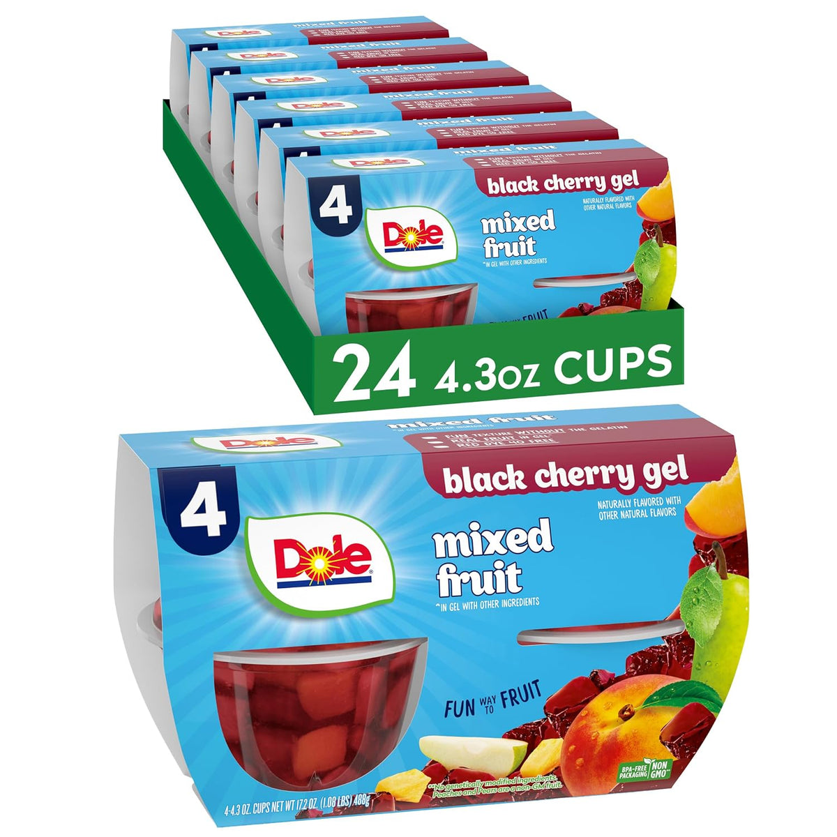 Dole Fruit Bowls Peaches, 4.3oz fruit snack cups, showing peeled peach slices in clear plastic cups