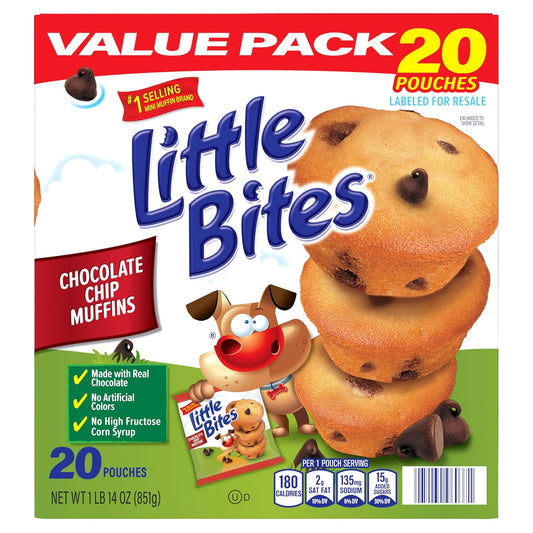 Entenmann's chocolate chip muffin multipack with 20 individual 1.5 oz mini muffins featuring real chocolate chips