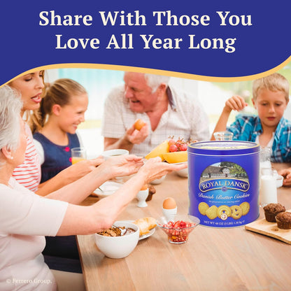 Royal Dansk Danish Butter Cookies in a 48 oz tin, assorted buttery cookies with a golden, crisp appearance.