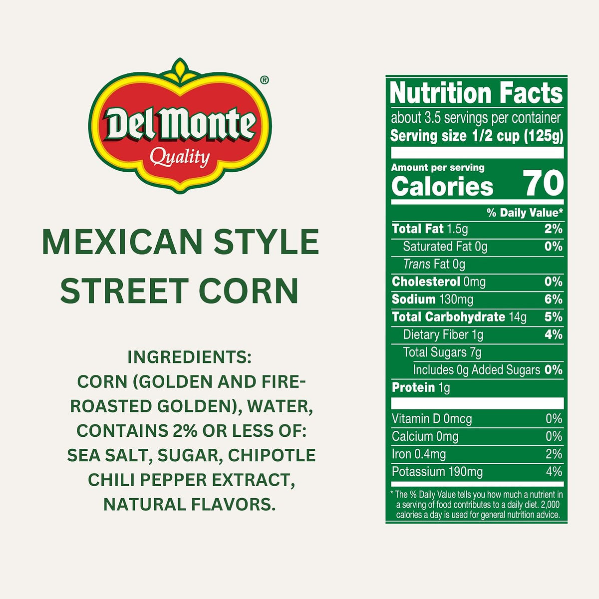 Canned Del Monte Mexican Street Corn in 14.75 oz. cans, pack of 12, with grilled corn and seasonings visible in the image.