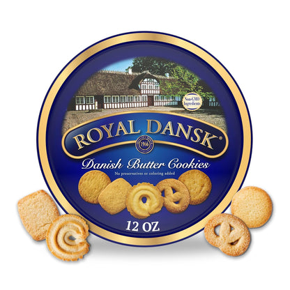 Royal Dansk Danish Butter Cookies in a 12 oz tin, assorted real butter cookies with golden, flaky appearance and classic packaging.