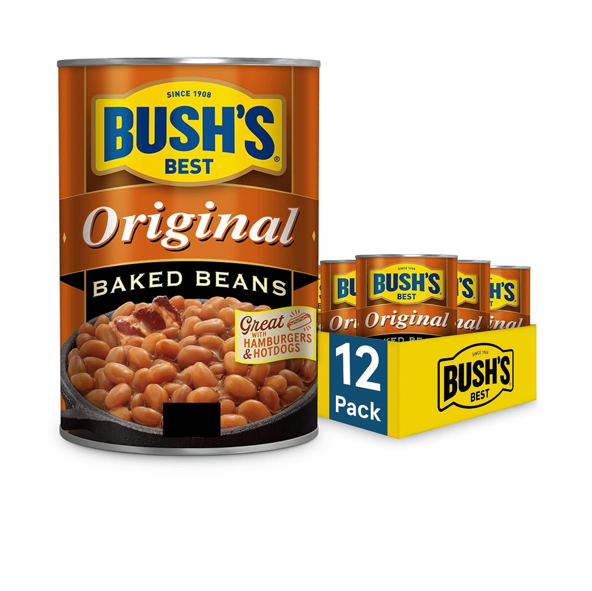 Cans of Bush's Best Maple Cured Bacon Baked Beans, 16 oz, packaged in a set of 12. Canned baked beans with bacon and maple flavor.