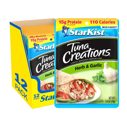 StarKist Tuna Creations Chipotle Lime packaged tuna fish pouch, 2.6oz, stacked in a 24-pack for convenient seafood meals