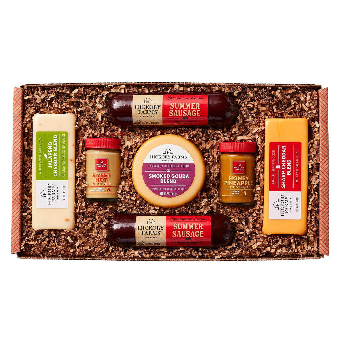 Hickory Farms farmhouse cheese gift basket with summer sausage and gourmet meats in a small box set, ideal for holidays and special occasions.