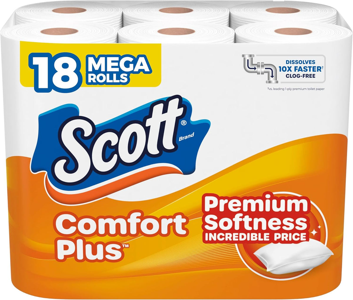 Scott ComfortPlus toilet paper, 12 triple rolls of 1-ply tissue with 231 sheets per roll, septic-safe toilet paper.