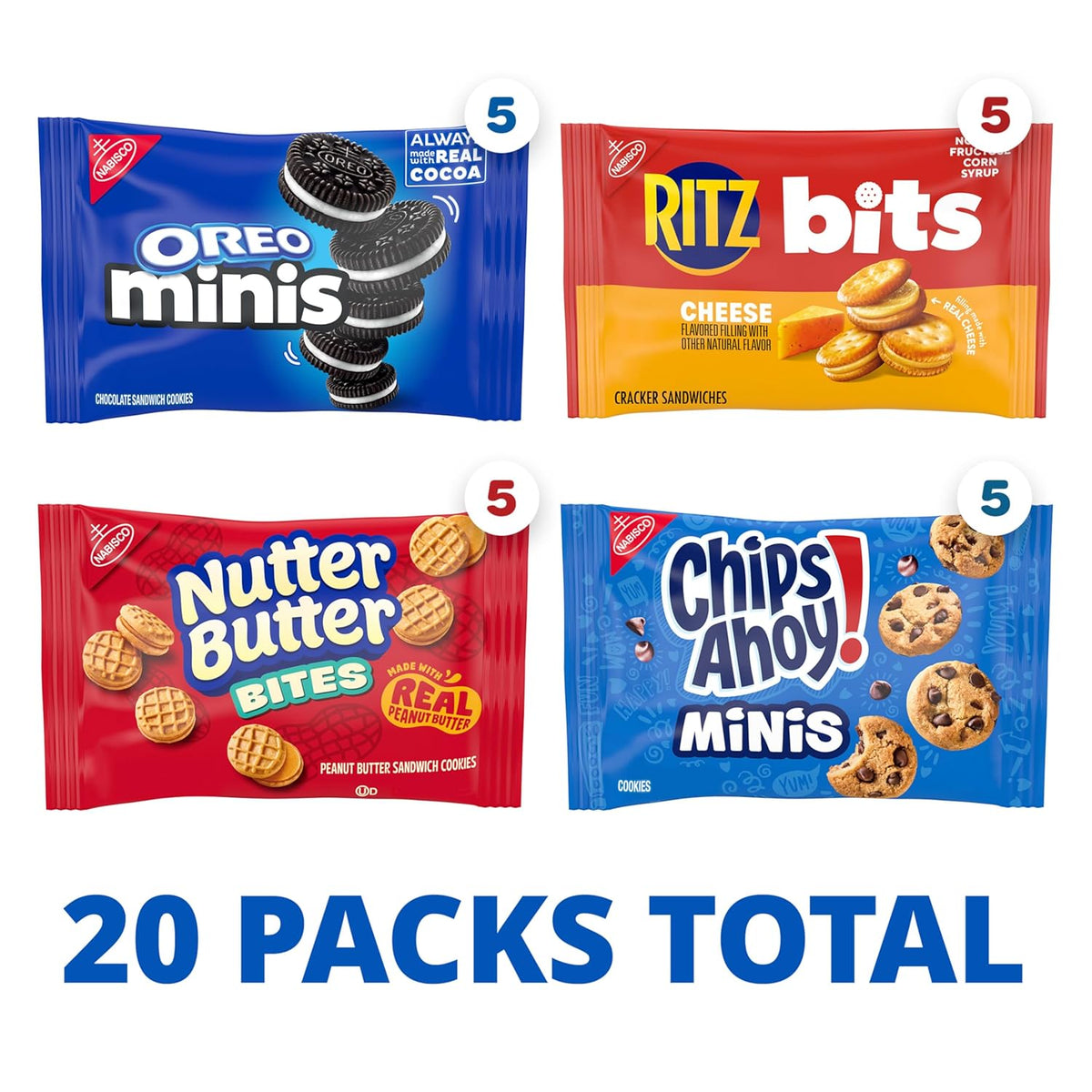 NABISCO Cookie and Cracker Variety Pack with 4 flavors, 20 snack packs, including assorted cookies and crackers in individual portions.