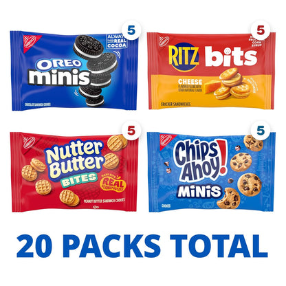 NABISCO Cookie and Cracker Variety Pack with 4 flavors, 20 snack packs, including assorted cookies and crackers in individual portions.