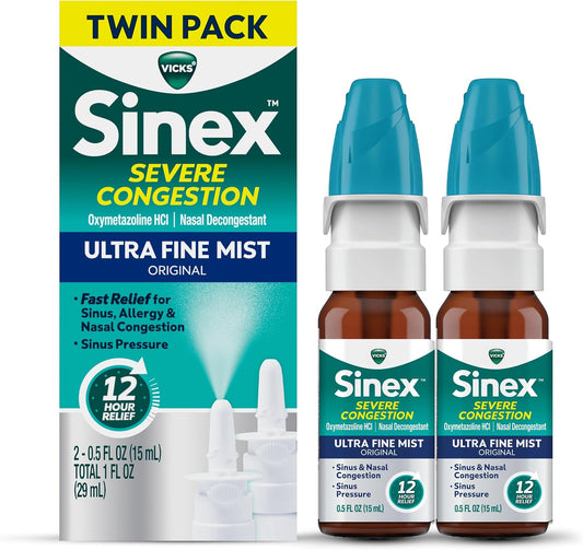 Vicks Sinex Severe Congestion Nasal Spray bottle with ultra-fine mist spray nozzle, used for nasal decongestion and sinus relief.