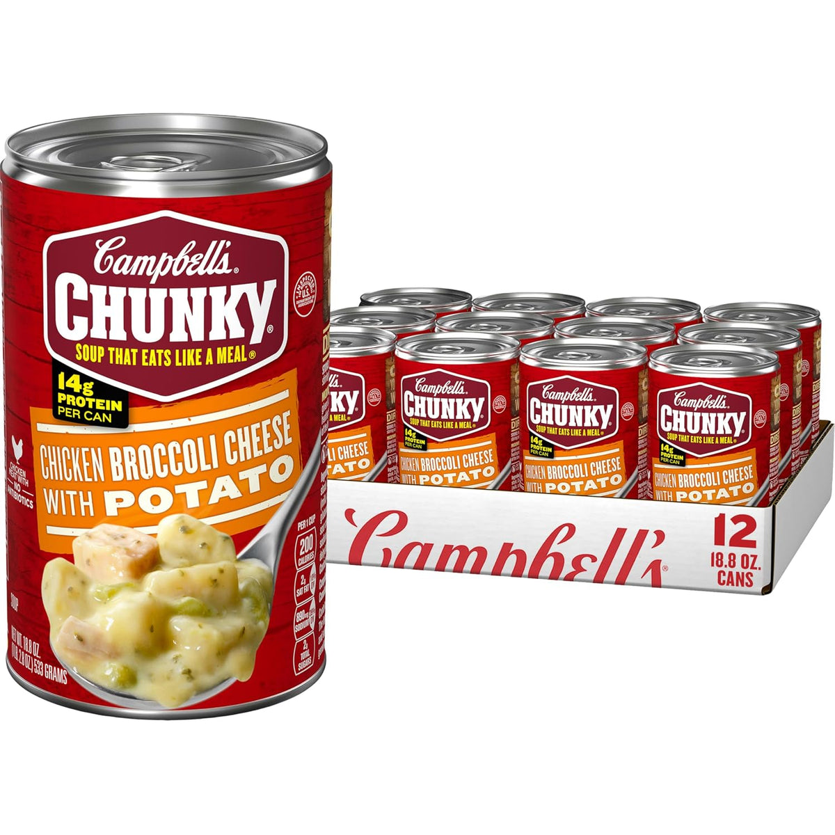Campbell's Chunky Chicken Broccoli Cheese Soup in an 18.8 oz can, featuring creamy chicken, broccoli, and cheese chunks.