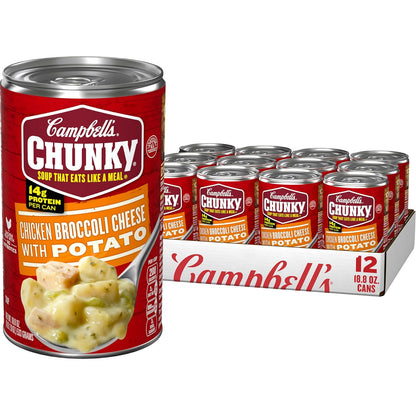 Campbell's Chunky Chicken Broccoli Cheese Soup in an 18.8 oz can, featuring creamy chicken, broccoli, and cheese chunks.